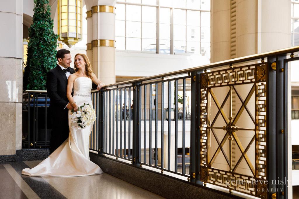 Bridal portrait near the railing at Tower City Mall in Cleveland.