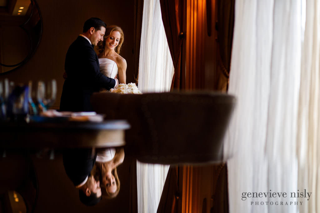 Bridal portrait with a reflection at the Ritz Carlton in Cleveland.