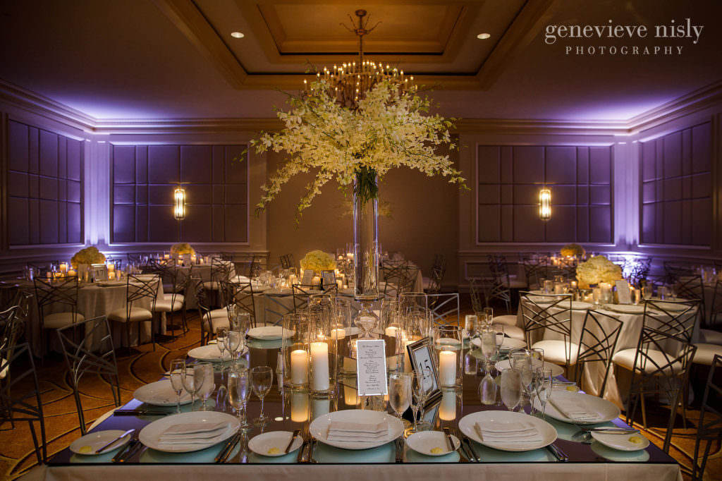 A tall table centerpiece for Dana and Max's wedding reception at the Cleveland Ritz Carlton Hotel.