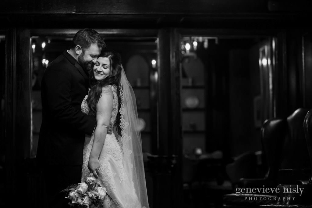 Black and White of the wedding couple embracing at the Canton Club.