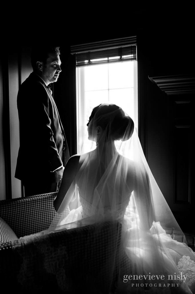 Black and white of the bride and groom on their wedding day.