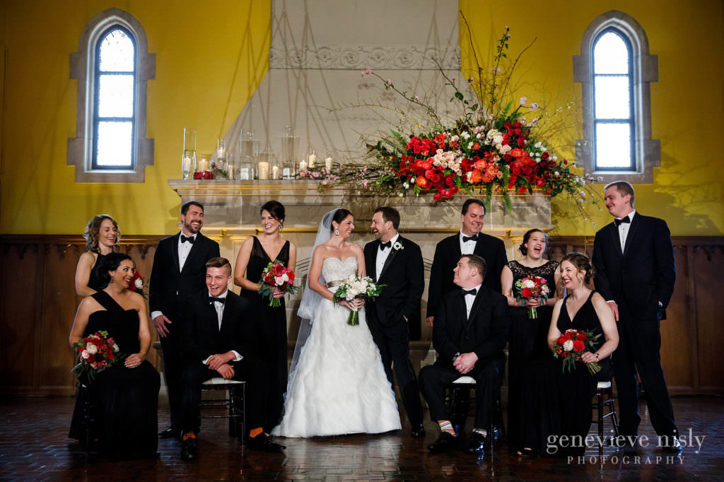 Bridal party in front of the hearth at Glenmoor Country Club in Canton, Ohio.