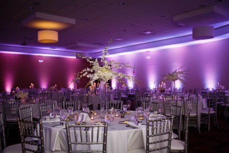 A photo of a room at the Hilton Garden Inn Cleveland East set for a reception with silver chairs and round tables set with white linens with tall white floral centerpieces and light purple and dark purple uprights against the walls.