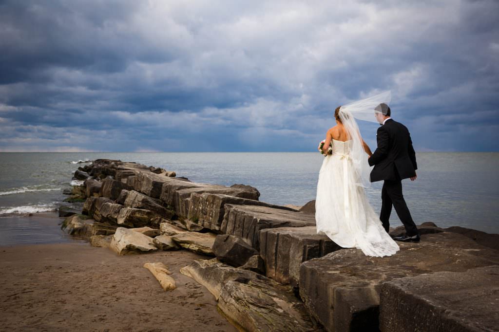 Bride and groom at Huntington Beach in Cleveland Ohio.