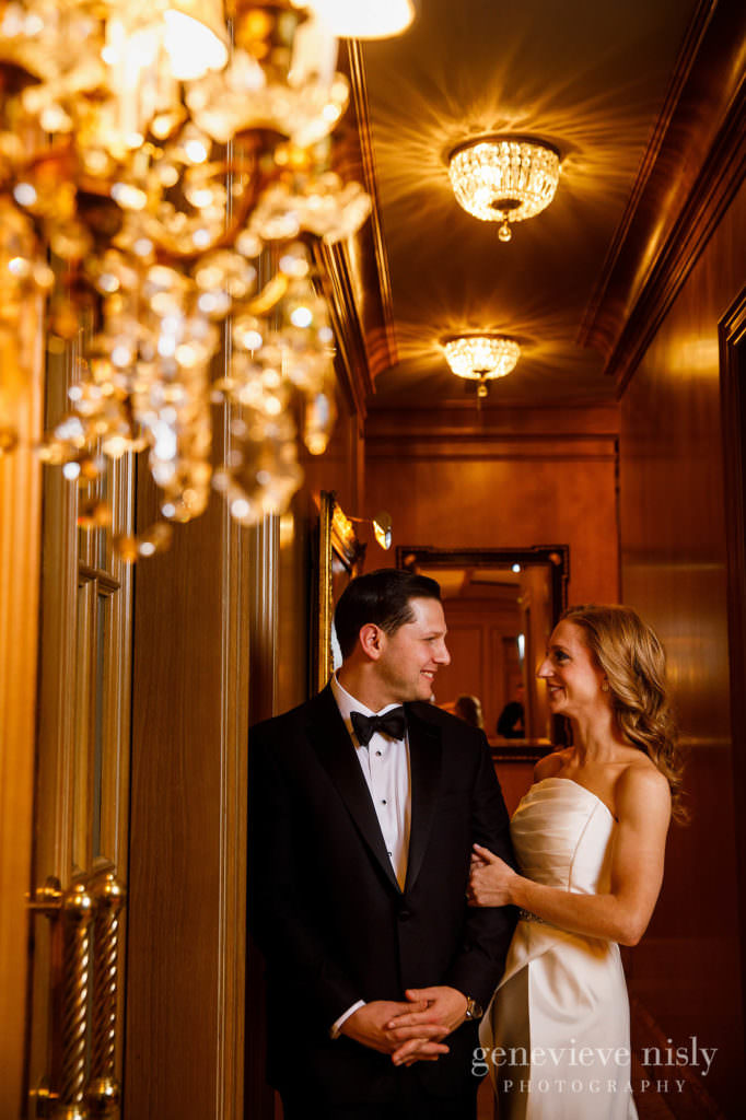 Portrait of the bride and groom in lobby of the Ritz Carlton.