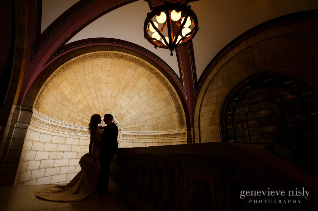 Siloutte of wedding couple at the old courthouse in Cleveland.