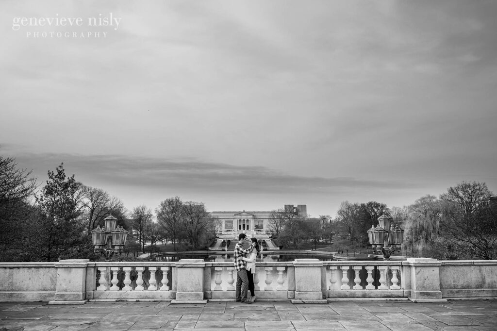 Billy and Grace during their engagement session at the Cleveland Museum of Art with the museum in the background.